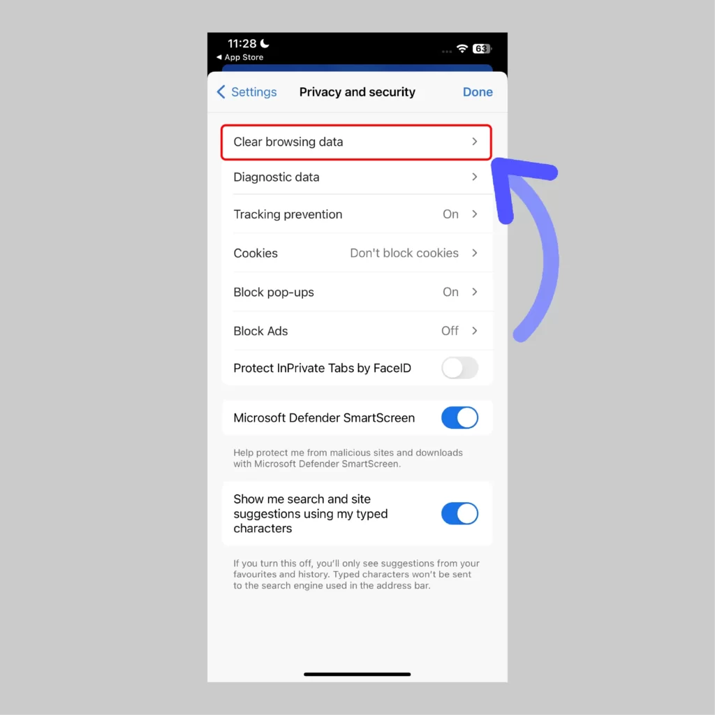 How to Clear Browser Cache on Microsoft Edge Choose-the-very-first-option-which-says-Clear-Browsing-Data-on-Microsoft-Edge-on-IOS-device
