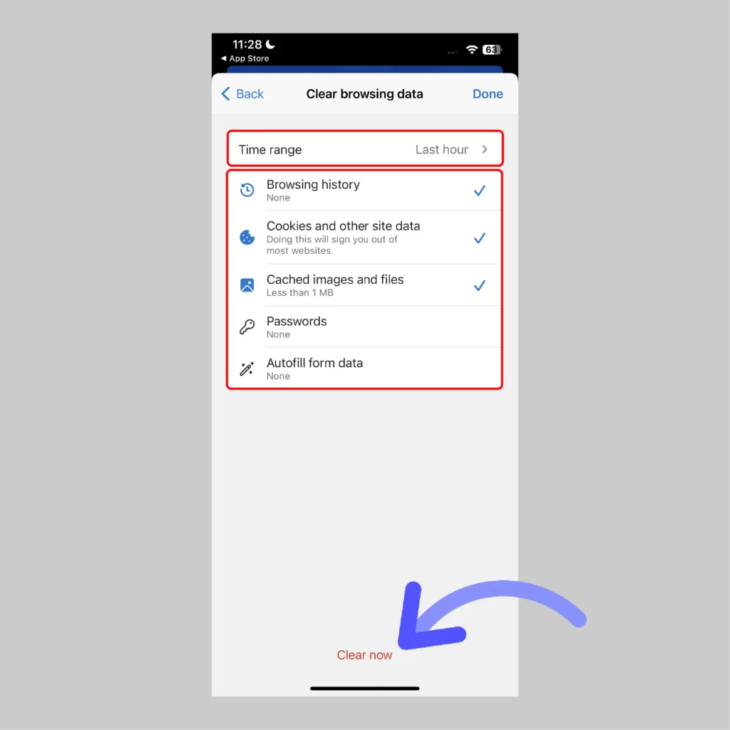 How to Clear Browser Cache on Microsoft Edge Select-Time-Range-data-type-and-tap-on-Clear-Now-to-clear-browser-cache-on-IOS-device