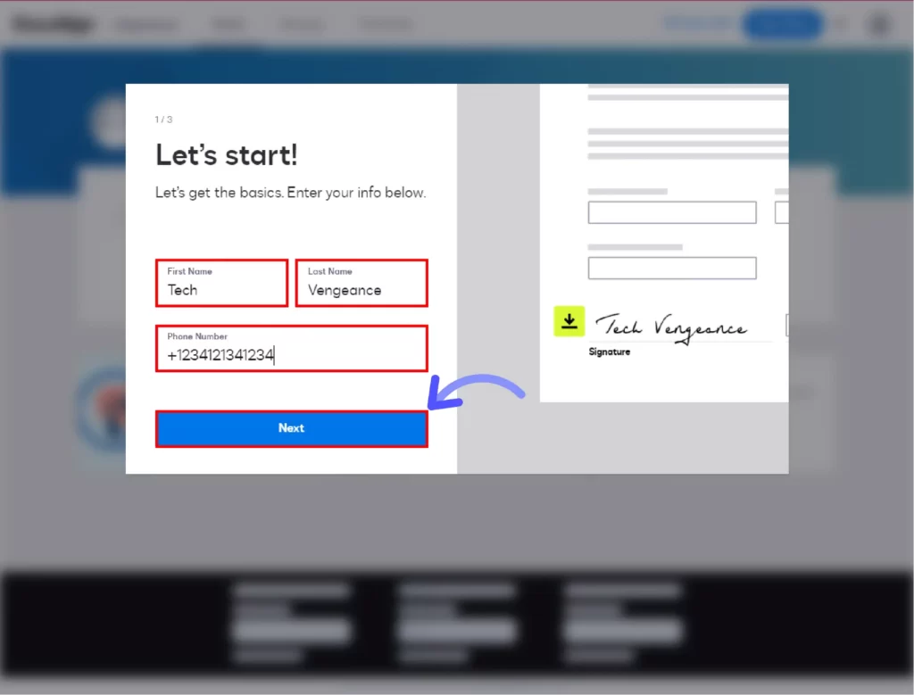 How to Get DocuSign eSignature Free Trial Enter-you-first-name-Last-name-and-mobile-number-and-simply-click-on-Next-button