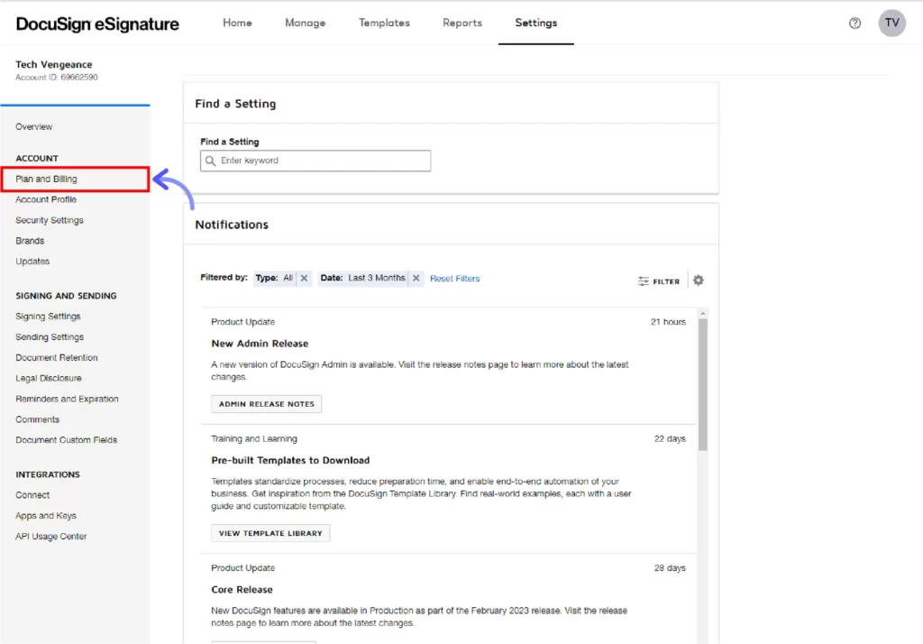 How to Get DocuSign eSignature Free Trial click-on-Plan-Billing-to-cancel-your-DocuSign-subscription