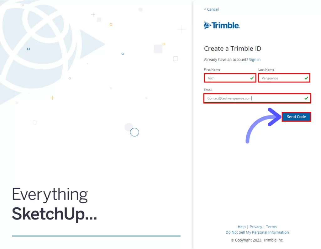 SketchUp Free Trial for 30 Days: How to Get Started Fill-out-account-details-such-as-your-first-name-second-name-and-email-address-and-click-on-Send-code-button