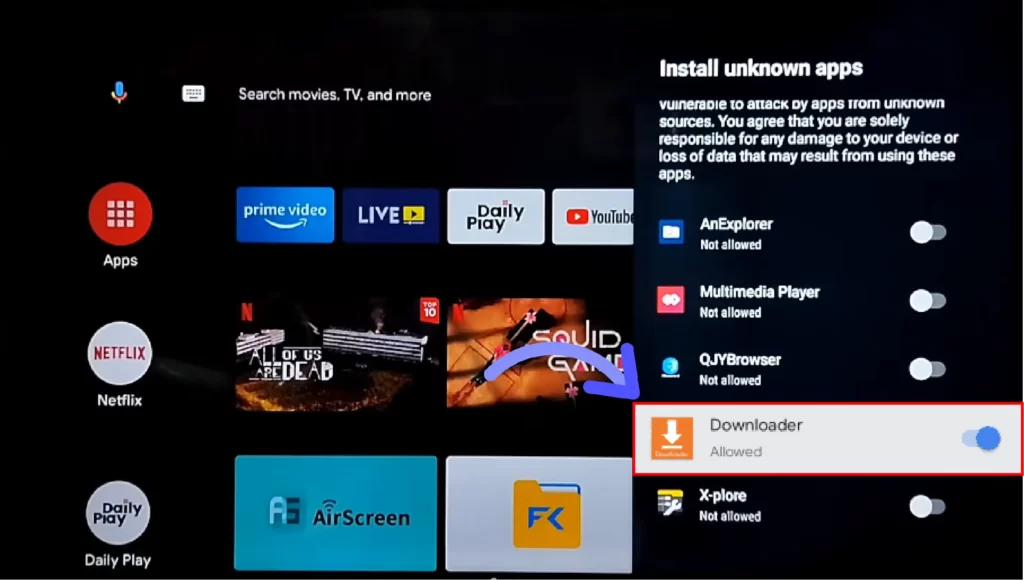 How to Download & Install Downloader App on Android TV / Smart TV? (2024) Search for Downloader app and toggle enable the switch button