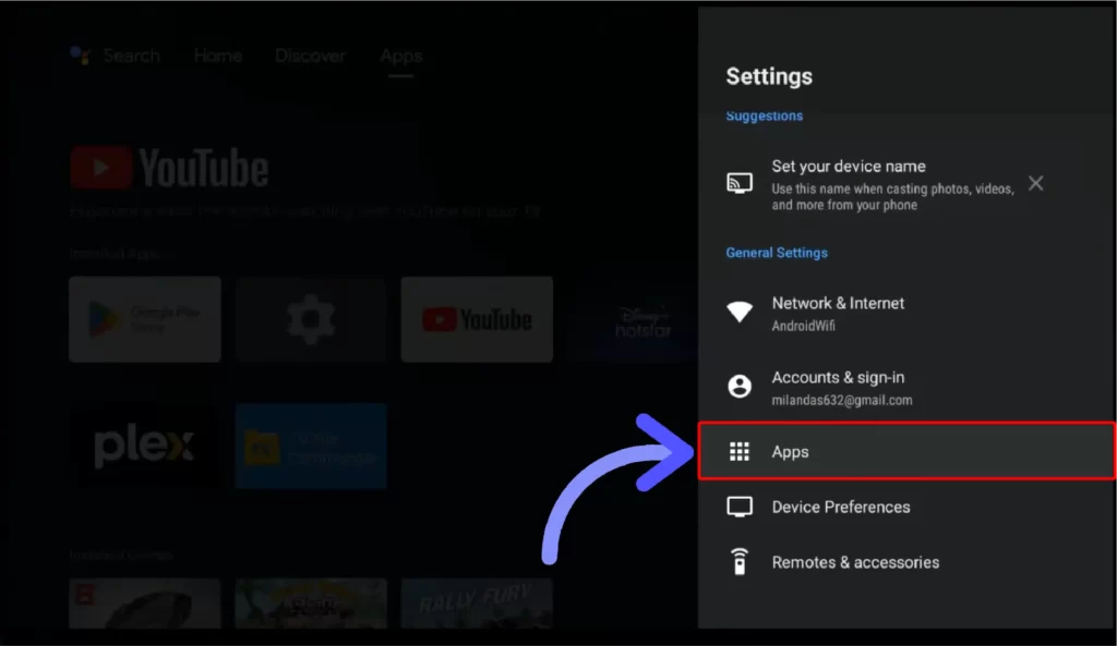 How to Download & Install Downloader App on Android TV / Smart TV? (2024) Select-the-Apps-from-the-Settings