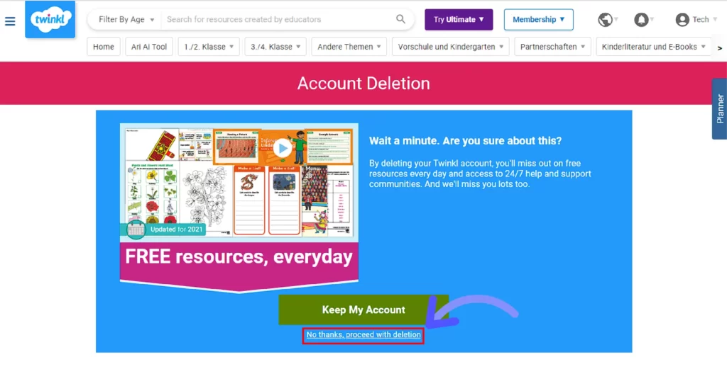 How to Get Twinkl Free Trial? Click on No thanks proceed with deletion