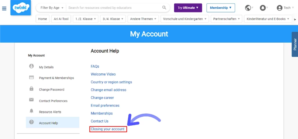 How to Get Twinkl Free Trial? Click on the Closing your account option