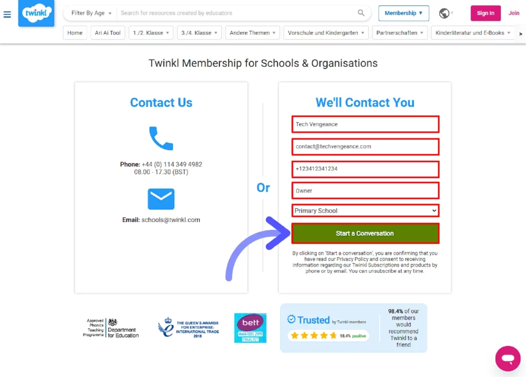 How to Get Twinkl Free Trial? Fill out the details on the contact form and click on start a conversation