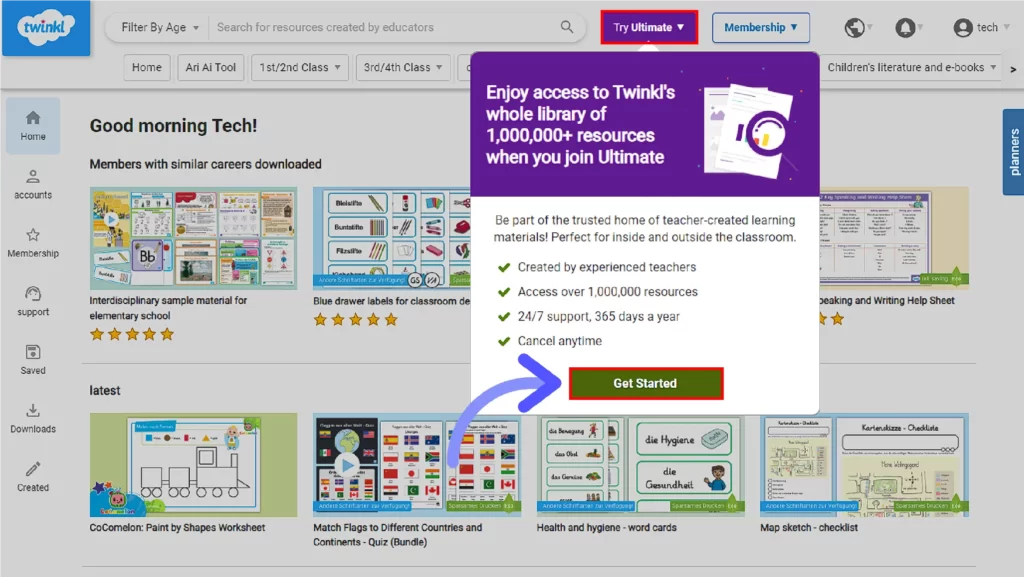 How to Get Twinkl Free Trial? Hover over membership and click on Get started