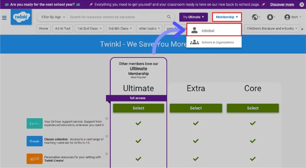 How to Get Twinkl Free Trial? Hover over membership and select individuals