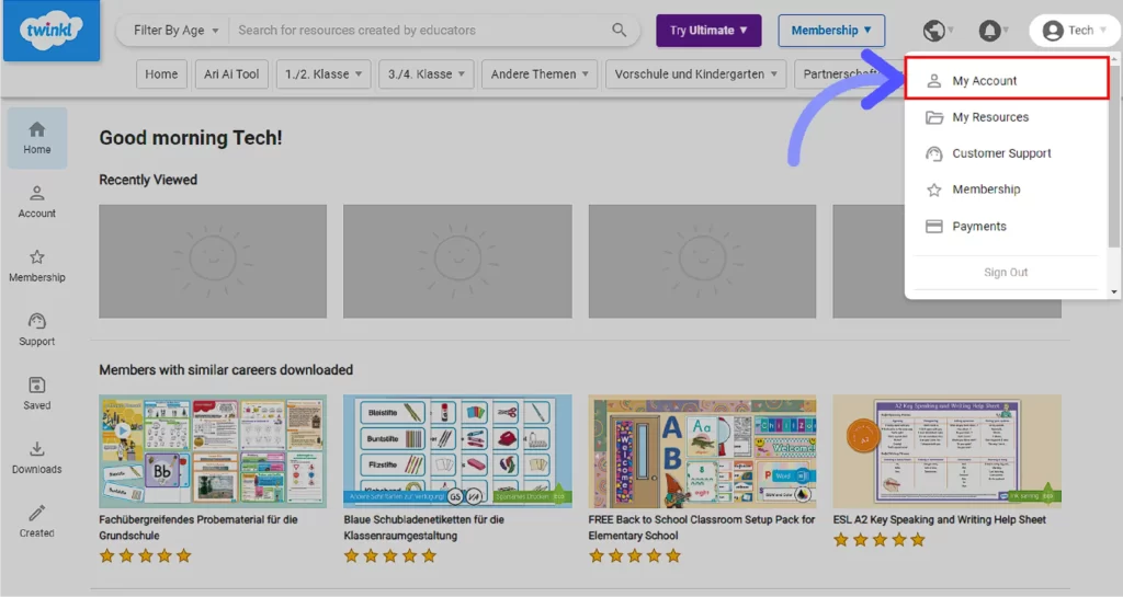 How to Get Twinkl Free Trial? Hover over your profile and select My account option from the drop list