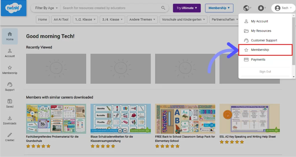 How to Get Twinkl Free Trial? Hover over your profile name and select the Membership option from the list