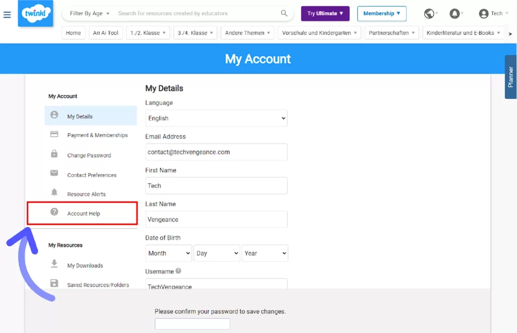How to Get Twinkl Free Trial? Select the Account Help tab from the left side