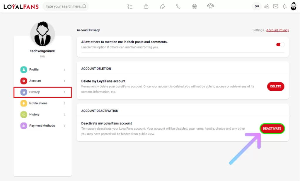 How to Delete Loyalfans Account Permanently? Click on Deactivate option