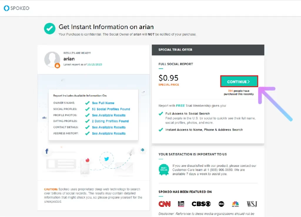 How to Get Spokeo Free Trial for 7 Days? Click on the CONTINUE on Spokeo