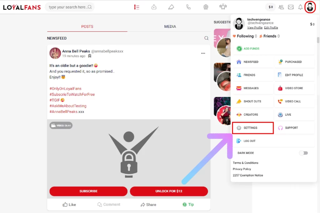 How to Delete Loyalfans Account Permanently? Click on your Loyalfans profile icon and select and click on the Settings option