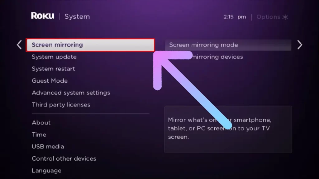How to Make Skype Video Calls on Roku TV? Select Screen Mirroring option