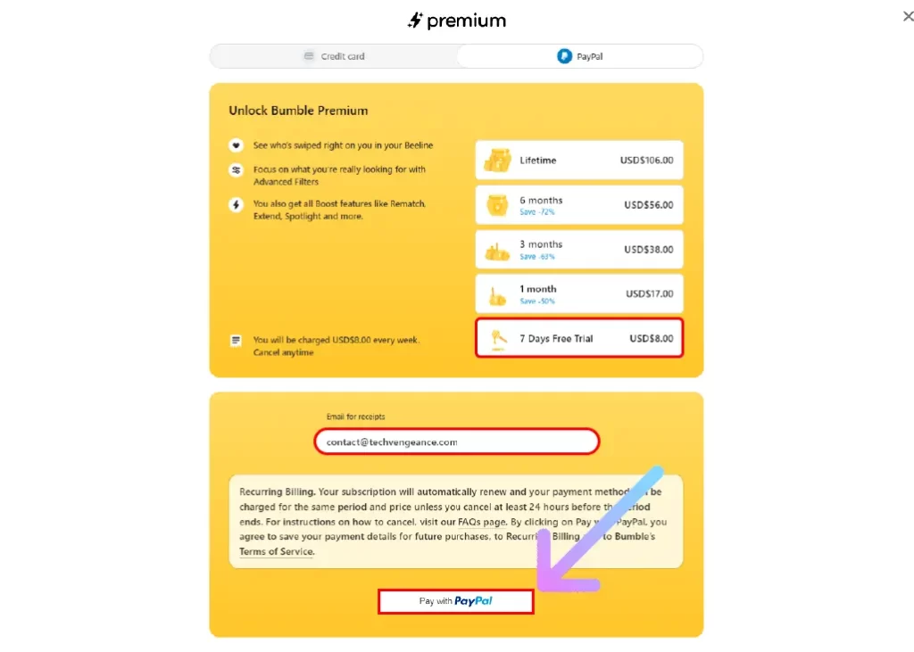 How to Get Bumble Free Trial for 1 Week? Select the 7 Day Free Trial plan and enter recipent email address and click on Pay with PayPal