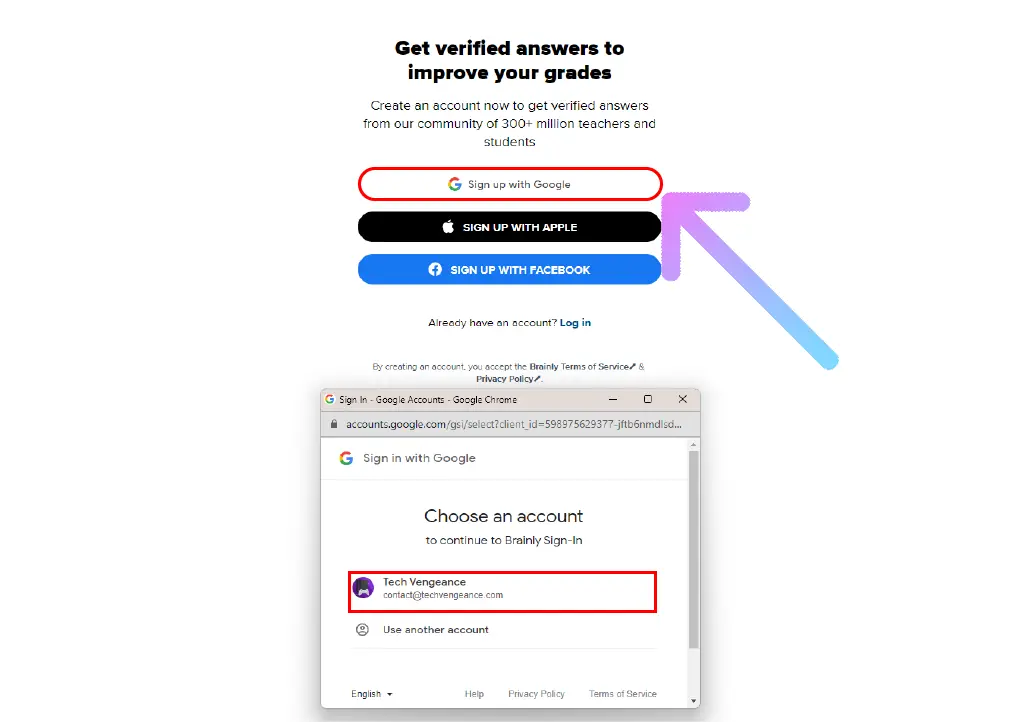 How to Brainly Free Trial for 7 Days? choose any signup method and select the account from the new opo up window