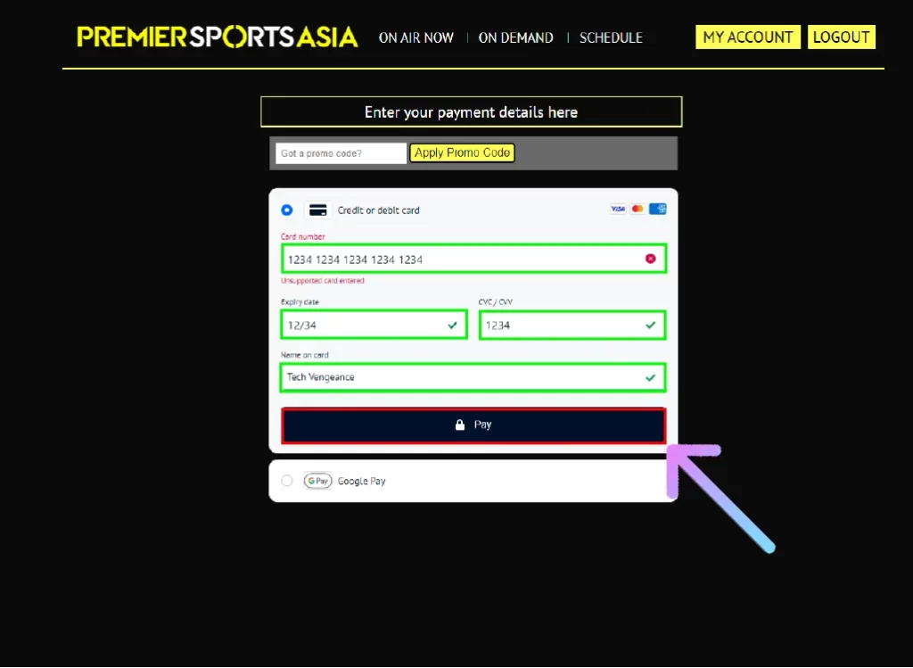 Is it Possible to Get a Premier Sports Free Trial? enter the payment information and click on PAY button