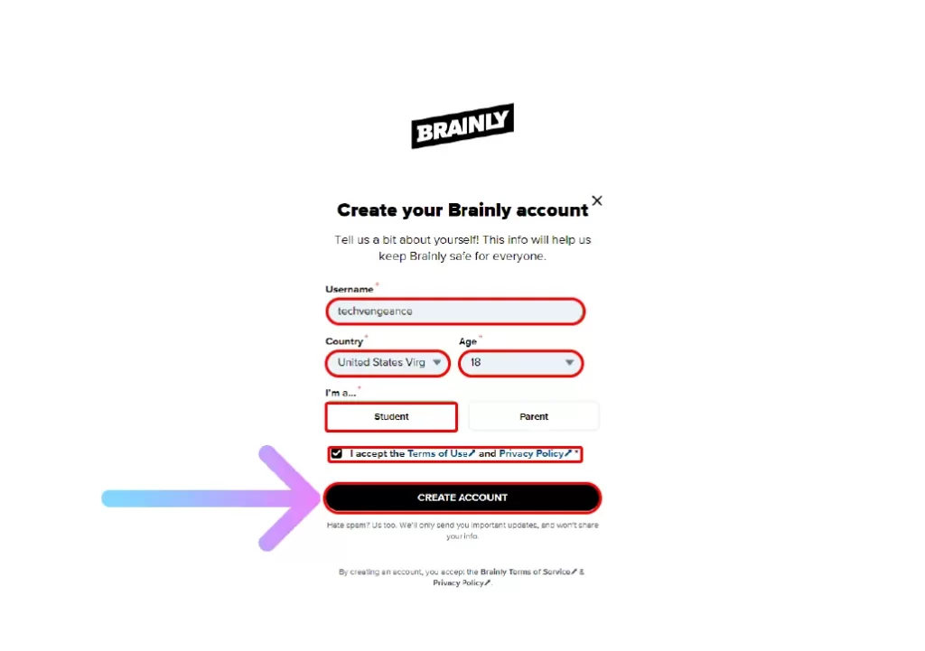 How to Brainly Free Trial for 7 Days? enter the required information and click on CREATE ACCOUNT button