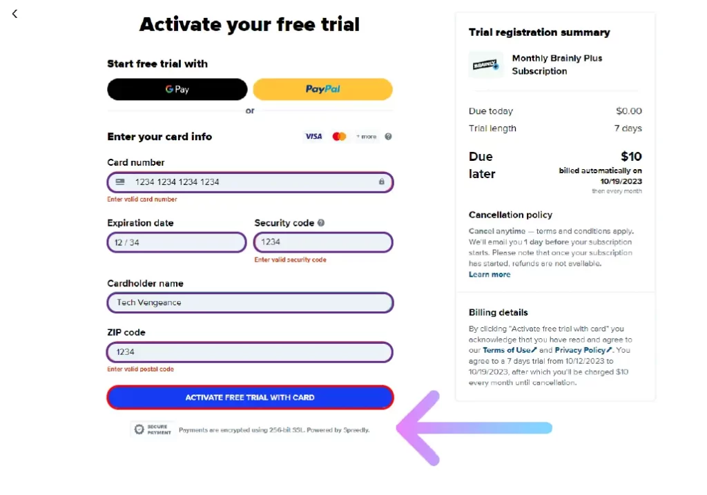 How to Brainly Free Trial for 7 Days? select the payment method and enter your payment details and then click on ACTIVATE FREE TRIAL WITH CARD button