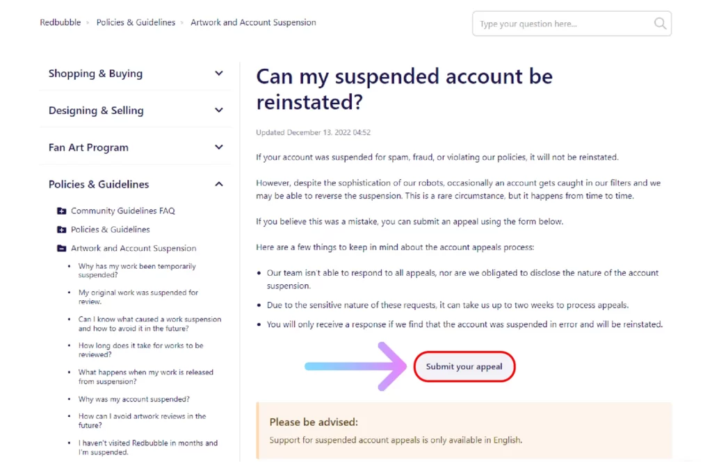 How to Get Your Redbubble Account Back? Click on Submit your appeal to get your Redbubble account back