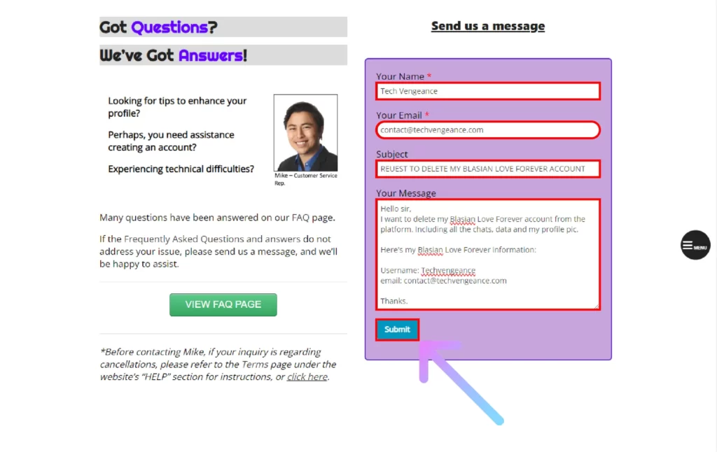 How to Delete Blasian Love Forever Account Permanently? Complete the help form with the reuired details and click on Submit to delete Blasian Love Forever account