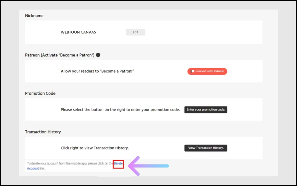 How to Delete Webtoon Account Permanently? Click on Delete account option on webtoon website